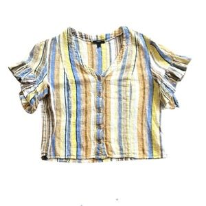 Drew Yellows Blue Striped Button-Up Ruffle Sleeve Cotton Blend Top Blouse Size L